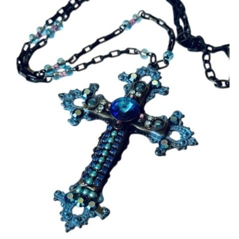 Belladonna Cross‎ Necklace Statement Blue Crystal Rhinestone Regency Style Regal